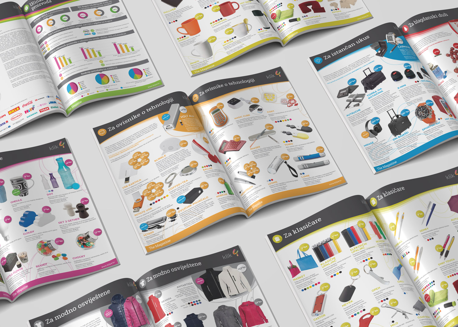 Dizajn magazina za Klik 4 "The Magazine". Na slici se nalazi mnoštvo otvorenih magazina na bijeloj podlozi.