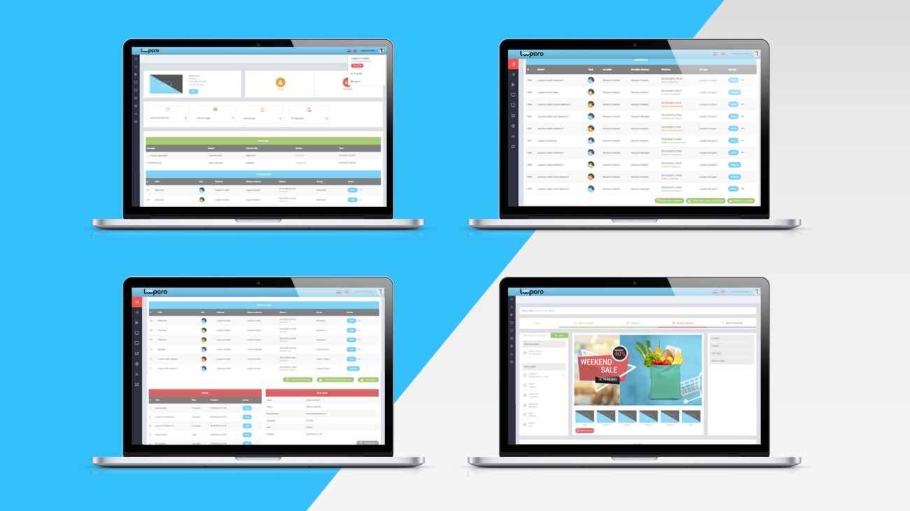 Na slici su prikazani laptopi. Na plavoj bijeloj podlozi vidimo monitore 4 laptopa na kojima je prikazana Loopcro mobilna aplikacija