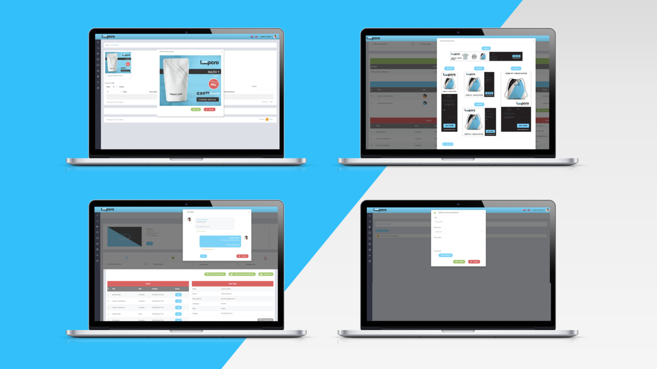Na slici su prikazani laptopi. Na plavoj bijeloj podlozi vidimo monitore 4 laptopa na kojima je prikazana Loopcro mobilna aplikacija