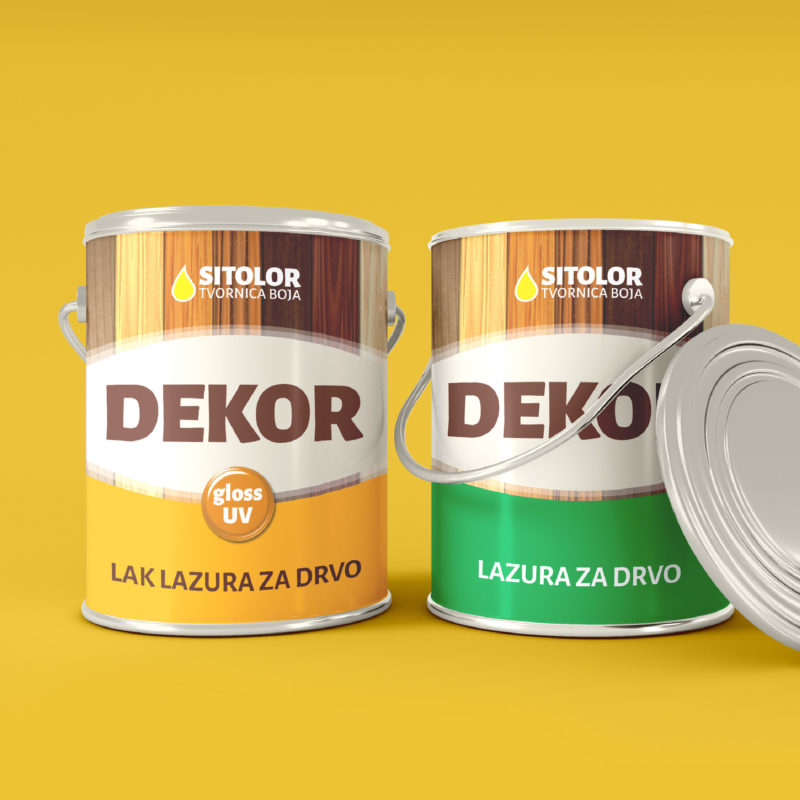 Dizajn ambalaže za Sitolor tvornicu boja. Na slici su dvije kantice boje na žutoj podlozi. Proizvodi su iz linije Dekor.