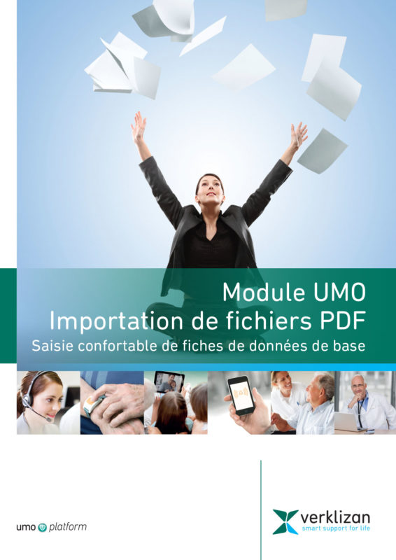 Dizajn flyera za tvrtku Verklizan. U fokusu letka je poslovna žena koja baca papir u vis. Podloga je svijetlo plava. Ispod te slike je bijeli tekst na zelenoj podlozi. Ispod teksta je 6 sličica koje prikazuju zadovoljne korisnike kako koriste aplikaciju na mnogim uređajima.